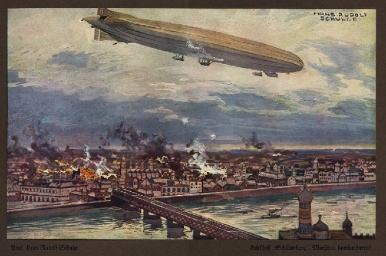 Carte postale: Zeppelin bombardant Varsovie en 1914 (Hans Rudolf Schulze). Paris sera bombardé à son tours le 21 mars 1915. Source: http://www.akpool.fr/cartes-postales.